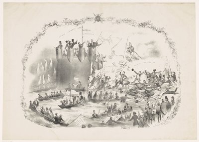 Spotprent op de plannen van Thorbecke om de Utrechtse Hogeschool op te heffen, 1863 door Carel Hendrik Thiebout