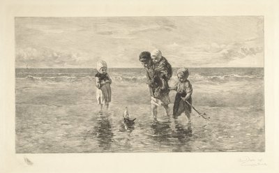 Vier kinderen spelen met speelgoedbootje op het strand in ondiep zeewater door Carel Lodewijk Dake