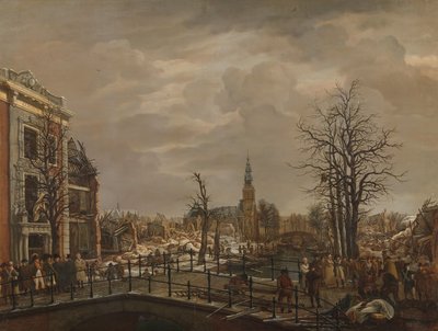Het Rapenburg, Leiden, drie dagen na de explosie van een kruitschip op 12 januari 1807 door Carel Lodewijk Hansen (signed by artist)