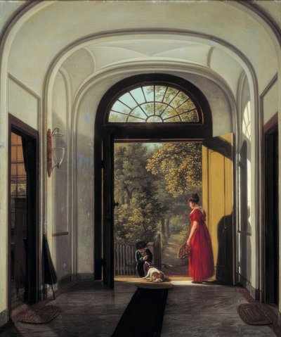 De vrouw en de zoon van de kunstenaar in de vestibule van hun huis door Carel Lodewijk Hansen