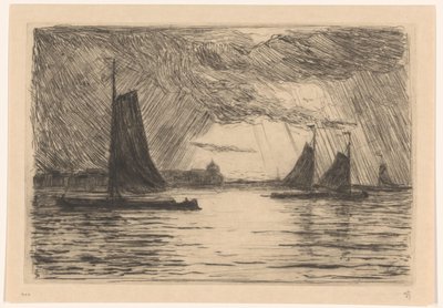 Gezicht op de Maas bij Dordrecht bij avond door Carel Nicolaas Storm van 
