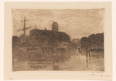 Gezicht op de Nieuwe Haven in Dordrecht bij avond door Carel Nicolaas Storm van 