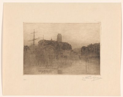 Gezicht op de Nieuwe Haven in Dordrecht bij avond door Carel Nicolaas Storm van 