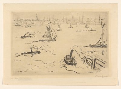 Rivier met schepen bij een stad door Carel Nicolaas Storm van 