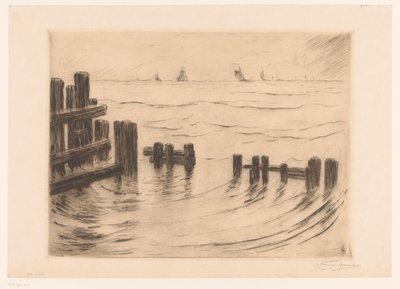 Zeegezicht met golfbrekers bij Vlissingen door Carel Nicolaas Storm van 