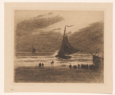Binnenkomende vissersboot op het strand door Carel Nicolaas Storm van 
