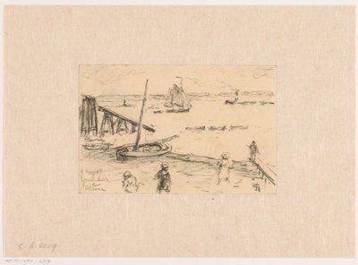 Gezicht op de Elbe bij Altona, met vissersschepen en badgasten door Carel Nicolaas Storm van 