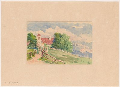 Oberbozen, een smalle weg leidt naar een kerkje op een berghelling door Carel Nicolaas Storm van 