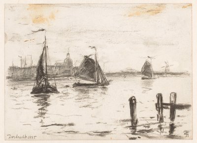 Vissersschepen op de Maas voor Dordrecht door Carel Nicolaas Storm van 