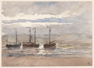 Vissersschepen op het strand van Katwijk bij opkomende vloed door Carel Nicolaas Storm van 
