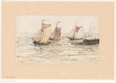 Zeilende vissersschepen op de Schelde door Carel Nicolaas Storm van 