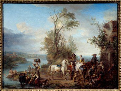 Jacht, wasvrouwen en zwemmen aan de oever van een rivier door Carel van Falens or Valens