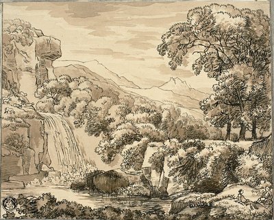 Berglandschap met waterval en figuren door Carl August Lebschee