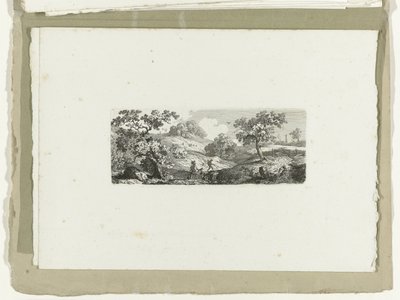 Reizigers bij een beek in heuvelachtig landschap door Carl August Lebschee
