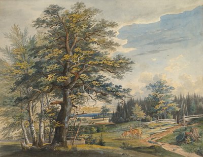Boslandschap met hert door Carl August Lebschee