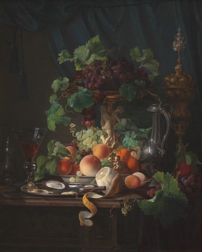 Stilleven met wijnglas, oesters, citroen en ander fruit door Carl Balsgaard