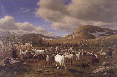 Een kudde rendieren wordt naar de melkplaats gedreven. Motief van de hoogvlakten ten noorden van Røros door Carl Bøgh