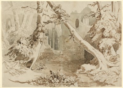 Een verwoeste kerk in het bos door Carl Blechen