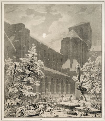 Kerk en kerkhof in de sneeuw bij maanlicht door Carl Blechen