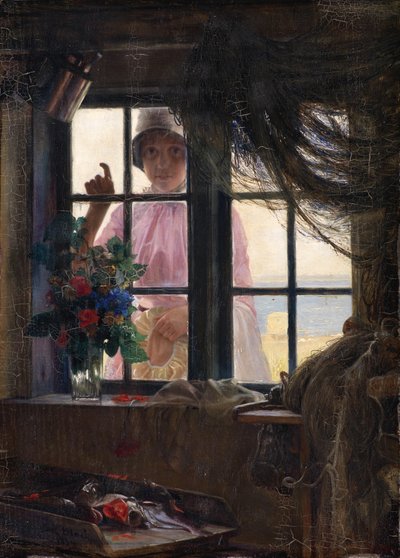Na het bad. Een jong meisje klopt op het raam van de visser door Carl Bloch
