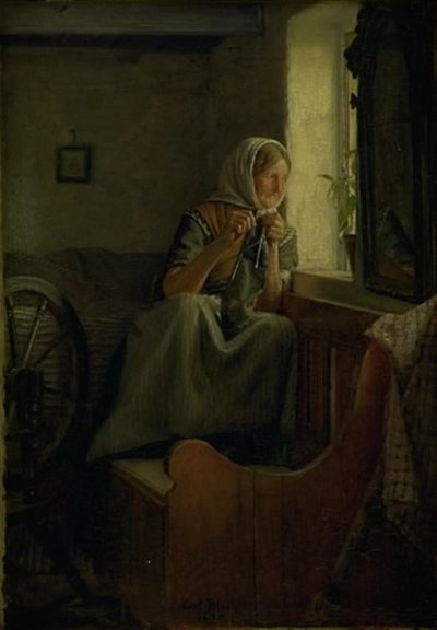 Een oude boerin die uit een raam kijkt door Carl Bloch