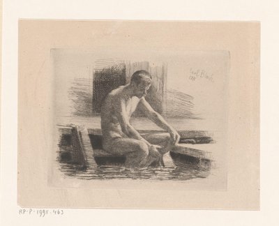 Naakte man, zittend op een trapje aan water door Carl Bloch