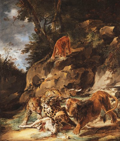 Een leeuw die een paar luipaarden van een dode hert verjaagt door Carl Borromaus Andreas Ruthart