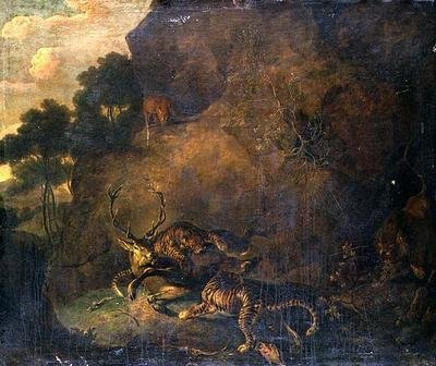 Tijgers die een hert aanvallen in een rotsachtig landschap door Carl Borromaus Andreas Ruthart