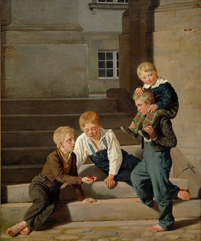 Jonge jongens die dobbelstenen spelen voor Christiansborg Kasteel, Kopenhagen, 1834 door Carl Christian Constantin Hansen
