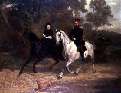 Een Dame en een Officier, mogelijk Kroonprins en Prinses van Pruisen, rijdend in een park door Carl Constantin Steffeck