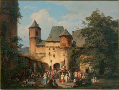 Feestscène op de binnenplaats van een kasteel door Carl Engel von Rabenau