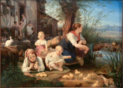 Moeder met kinderen bij de dorpsvijver door Carl Engel von Rabenau