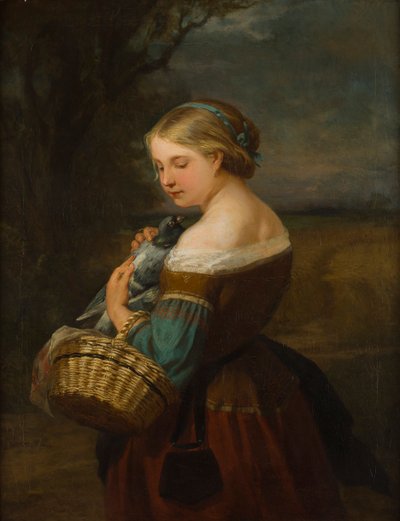 Portret van een boerenmeisje met een duif door Carl Ernst Ludwig Wagner