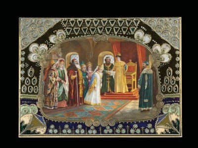Detail van het geschilderde cartouche van een tafeldoos, met afbeelding van Tsaar Alexei Mikhailovich die een bruid kiest, ca. 1908-1917 door Carl Fabergé