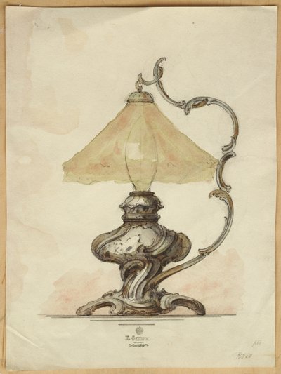 Tekening van een zilveren tafellamp met een gedraaide gegroefde body in rococostijl, Huis van Carl Faberge door Carl Fabergé