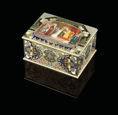 Een tafeldoos met geschilderde cartouche die tsaar Alexei Mikhailovich toont die een bruid kiest, c. 1908-1917 door Carl Fabergé