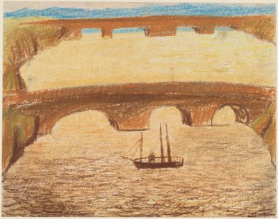 Lange stenen bruggen over een rivier met een schip door Carl Fredrik Hill