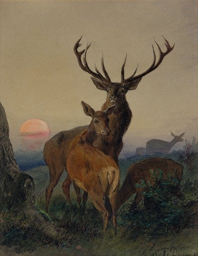 Een Hert met een Ree in een Bebost Landschap bij Zonsondergang door Carl Friedrich Deiker