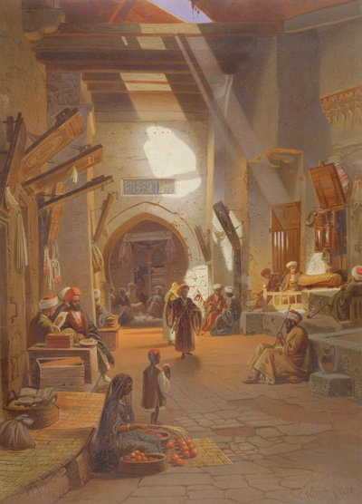 Bazaar in Girgah, een van 24 illustraties geproduceerd door G.W. Seitz, gedrukt ca. 1873 door Carl Friedrich Heinrich Werner