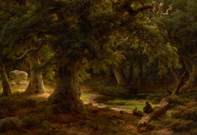 Eikenbos met rustende jager door Carl Friedrich Lessing