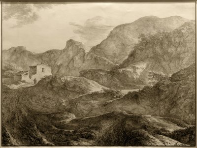 Berglandschap, links een huis met een wandelaar ervoor door Carl Friedrich von Rumohr
