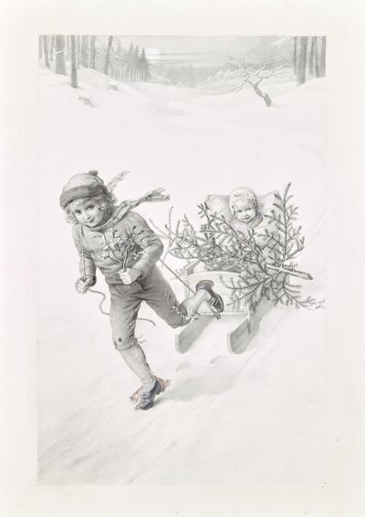 Twee kinderen op reis door een winterlandschap door Carl Fröschl