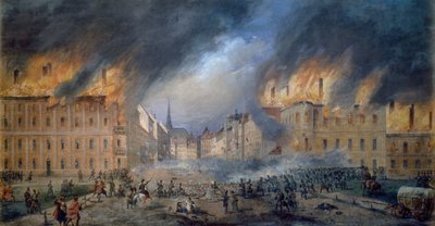 Slag bij Sternbarrikade in Jagerzeile op 28 oktober 1848, revolutie in Wenen, brand in de stad door Carl Goebel