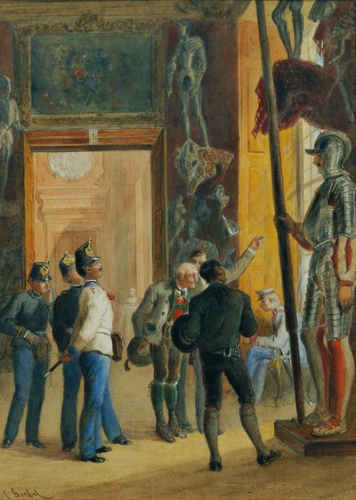 Oostenrijkse officieren en twee Tirolers bezichtigen de Ambraser collectie in het Untere Belvedere door Carl Goebel d. J.
