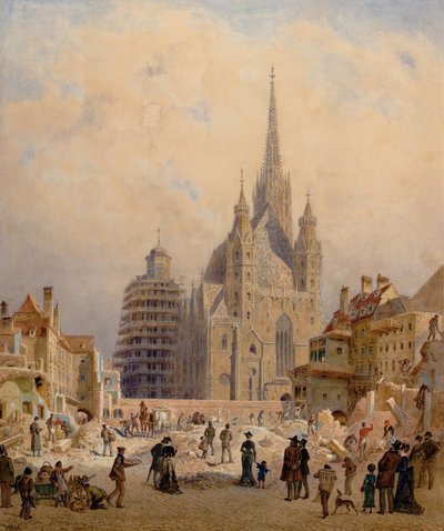 Zicht op de Stephansdom tijdens de sloop van de brandhaard door Carl Goebel der Jüngere