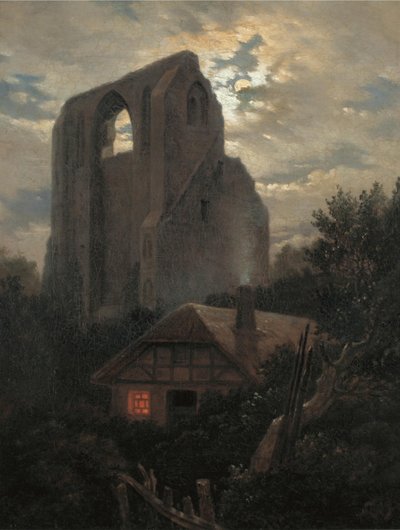 Ruïnes van het Eldena-klooster met huisje bij Greifswald in maanlicht, 1820 door Carl Gustav Carus
