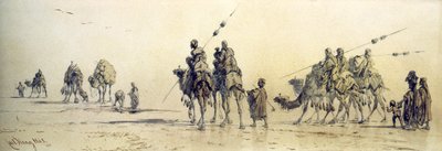 Een karavaan van Bedoeïenen nadert een put in de woestijn, 1868 door Carl Haag
