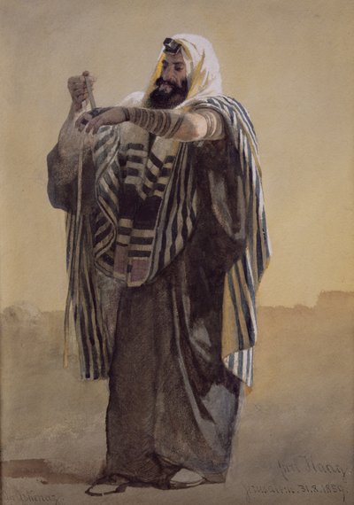Een Jeruzalemse herder die de gebedsriemen voor de hand wikkelt, 1895 door Carl Haag