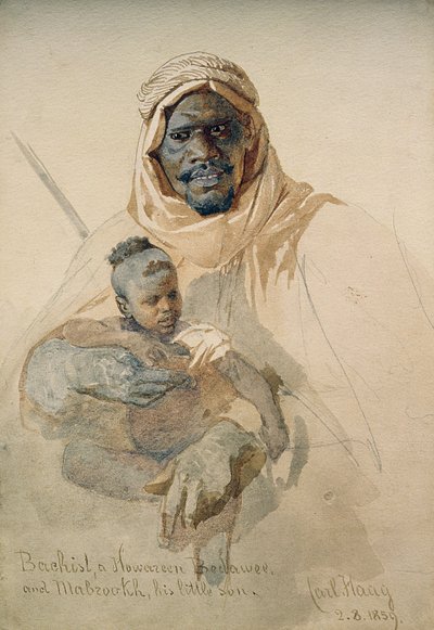 Bachist, een Howazeen Bedawee en Mabzookh, zijn kleine zoon, 1859 door Carl Haag