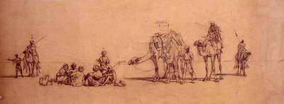 Figuren en kamelen in de woestijn door Carl Haag